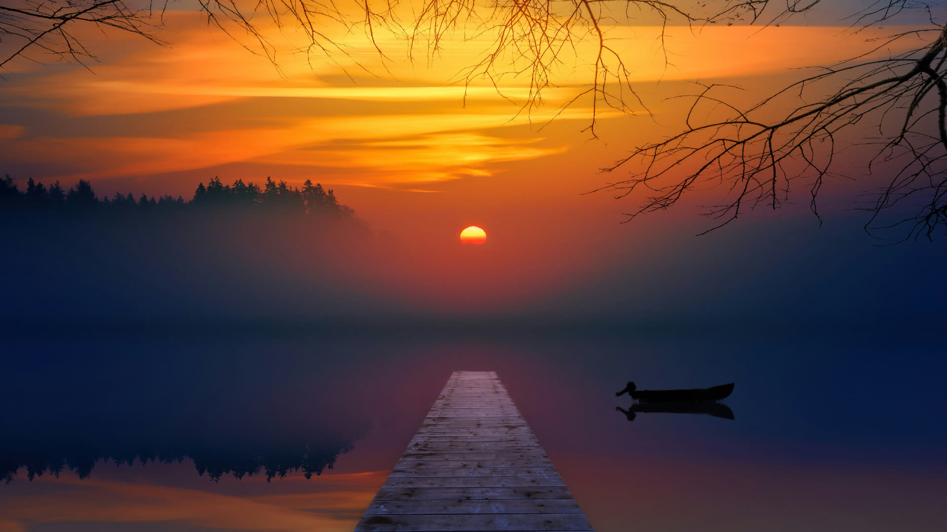 Misty Lake Pier Sunset